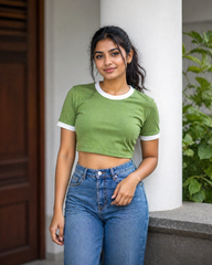 Ringer Crop Top - Moss Green