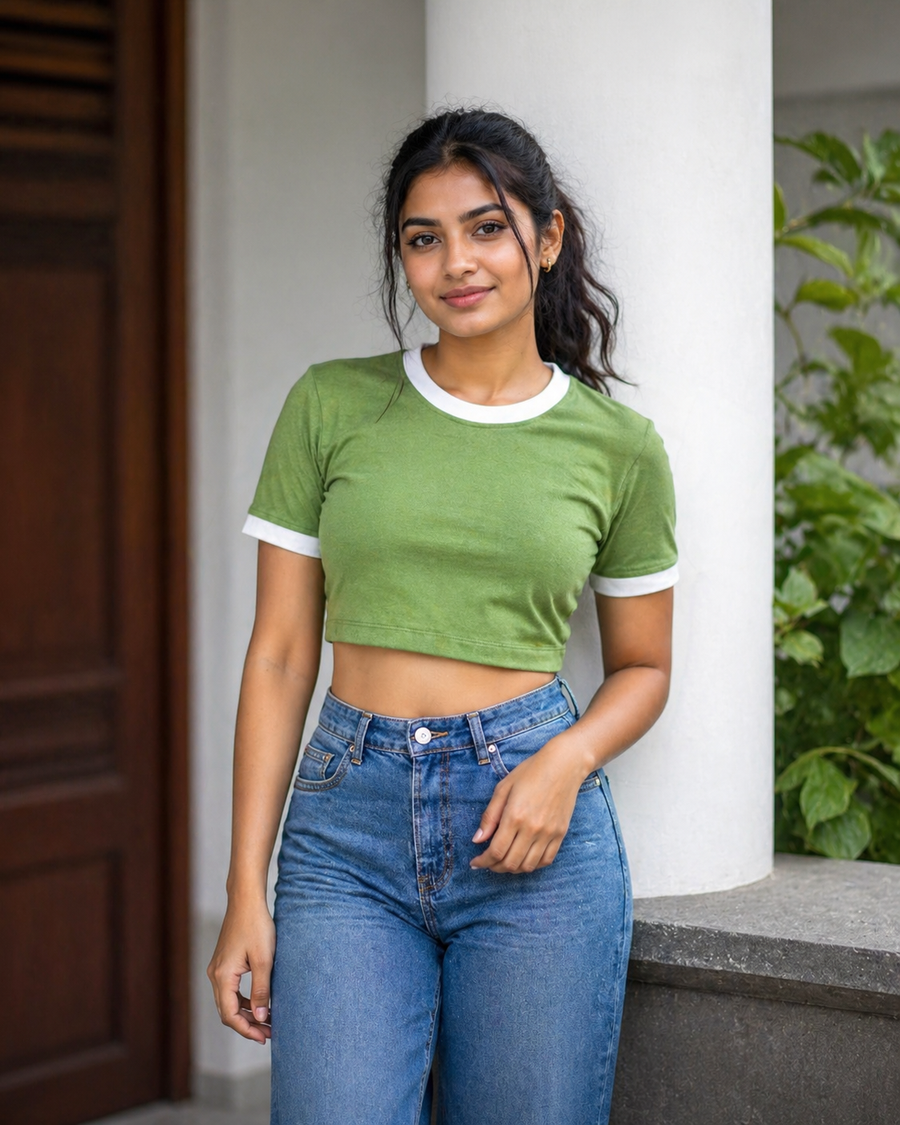 Ringer Crop Top - Moss Green