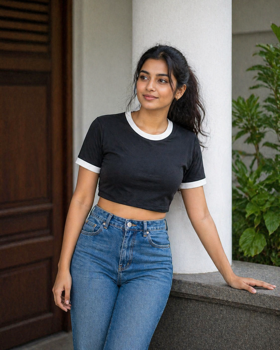 Ringer Crop Top - Black