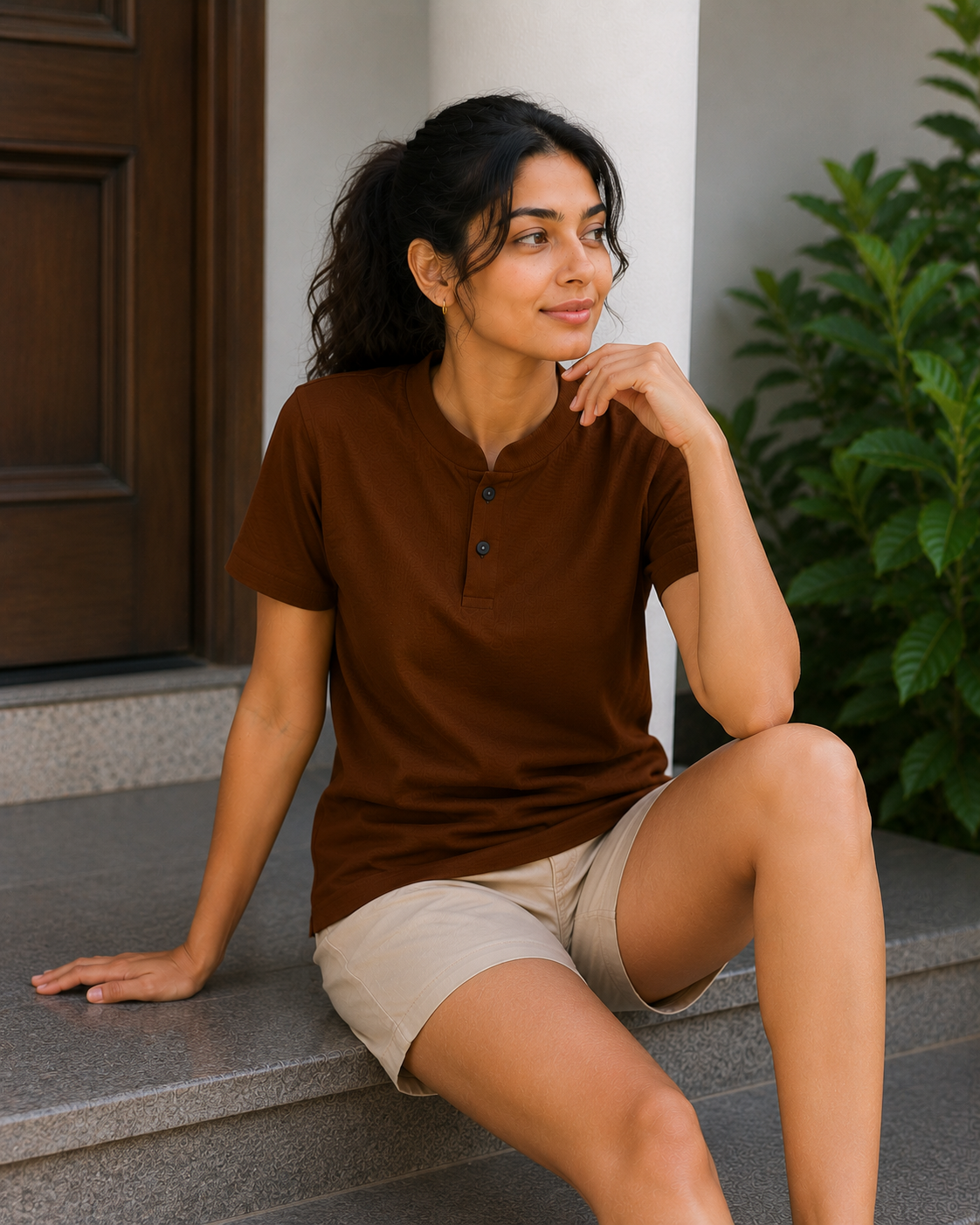 Chinese Collar Tee - Dark Brown