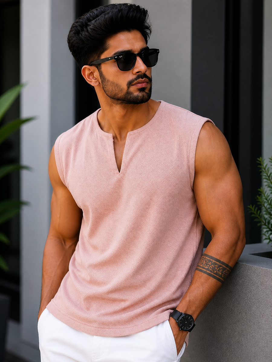 SPLIT NECK ARM CUT T-SHIRT