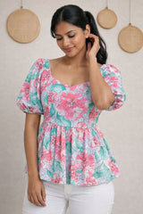 Floral Puff Sleeve Peplum Top