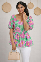 Floral Puff Sleeve Peplum Top