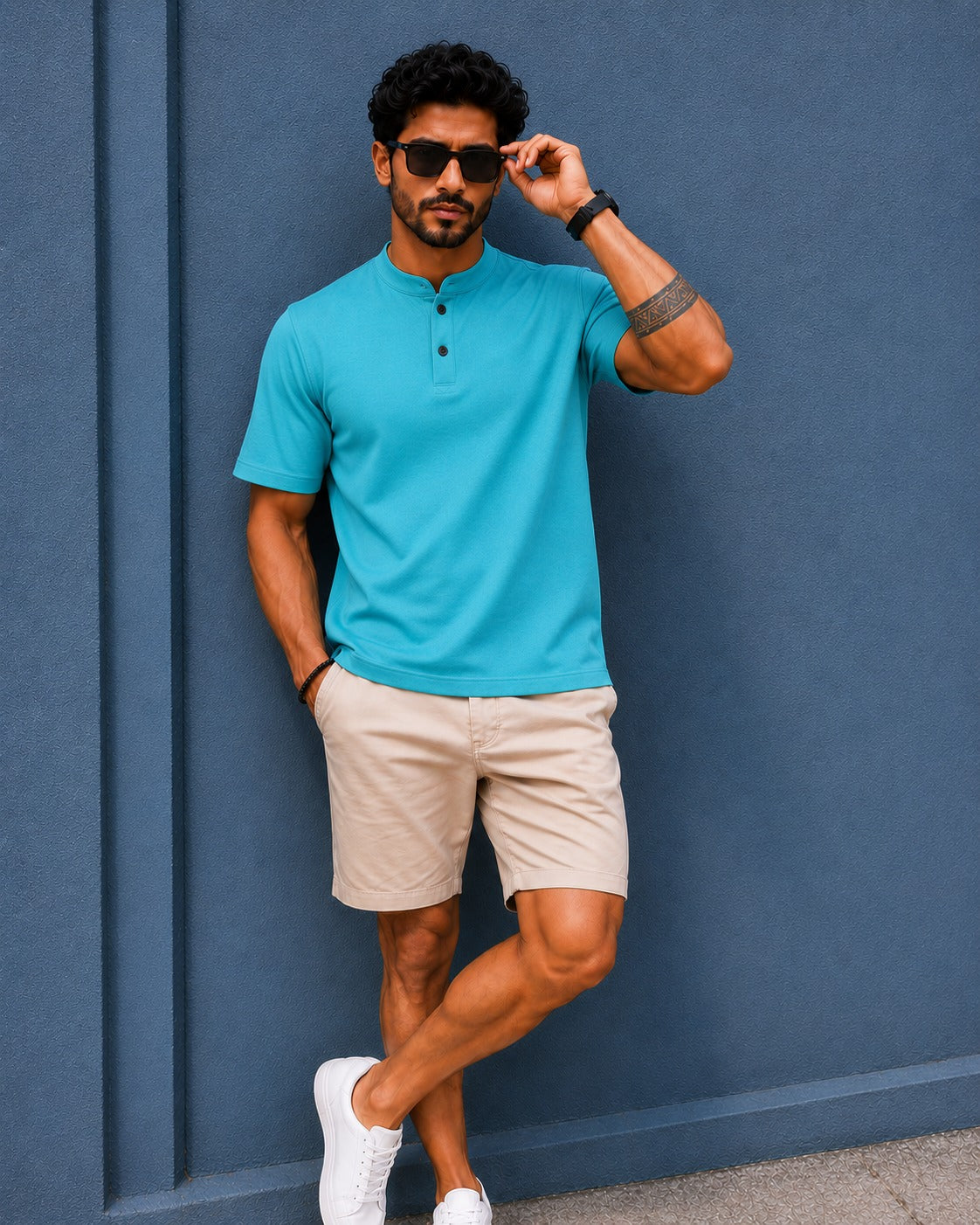 Chinese Collar Tee - Dull Blue